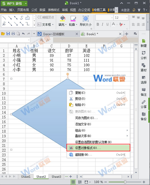 单击设置对象格式命令